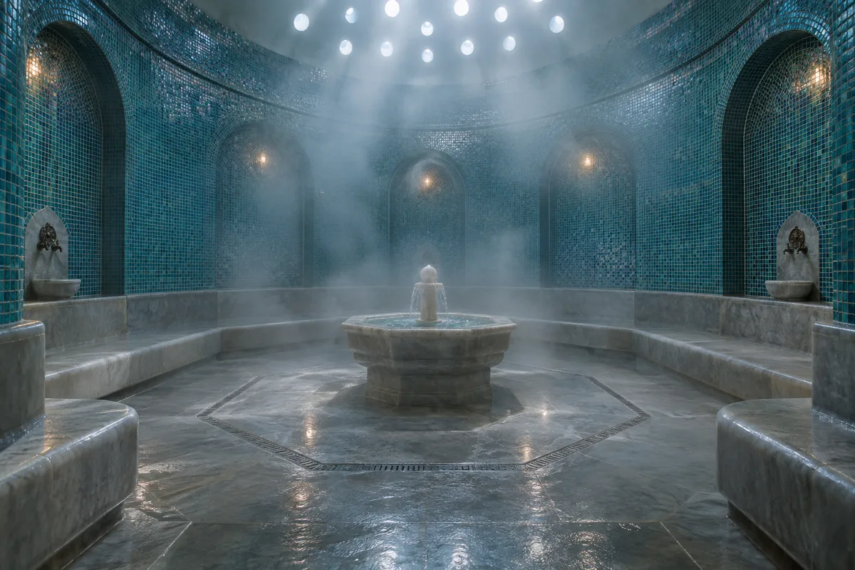 Salle de hammam vide aux murs de mosaïque bleu-vert, banquettes en pierre et voile de vapeur sous la coupole