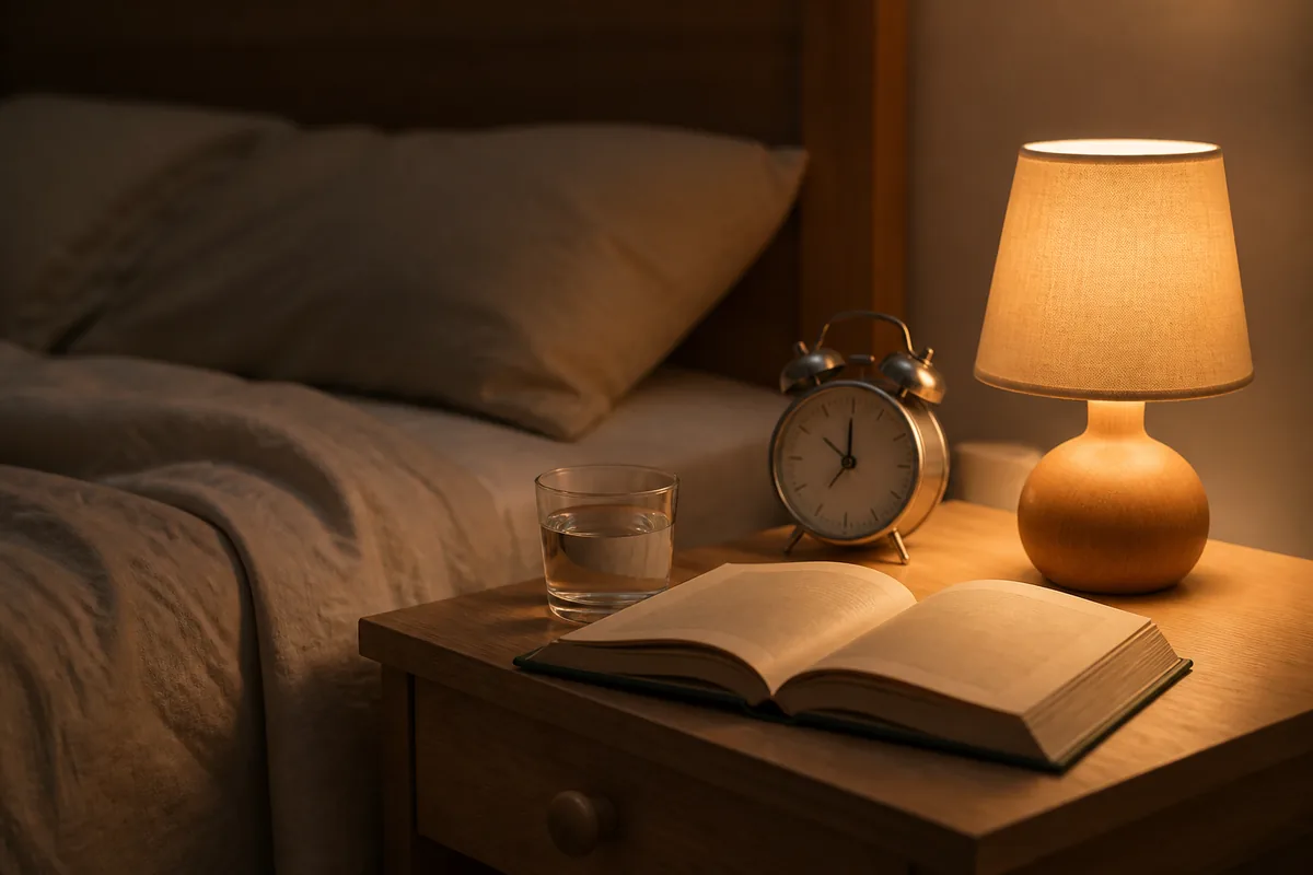 Table de nuit en bois clair avec un réveil mécanique et un livre ouvert