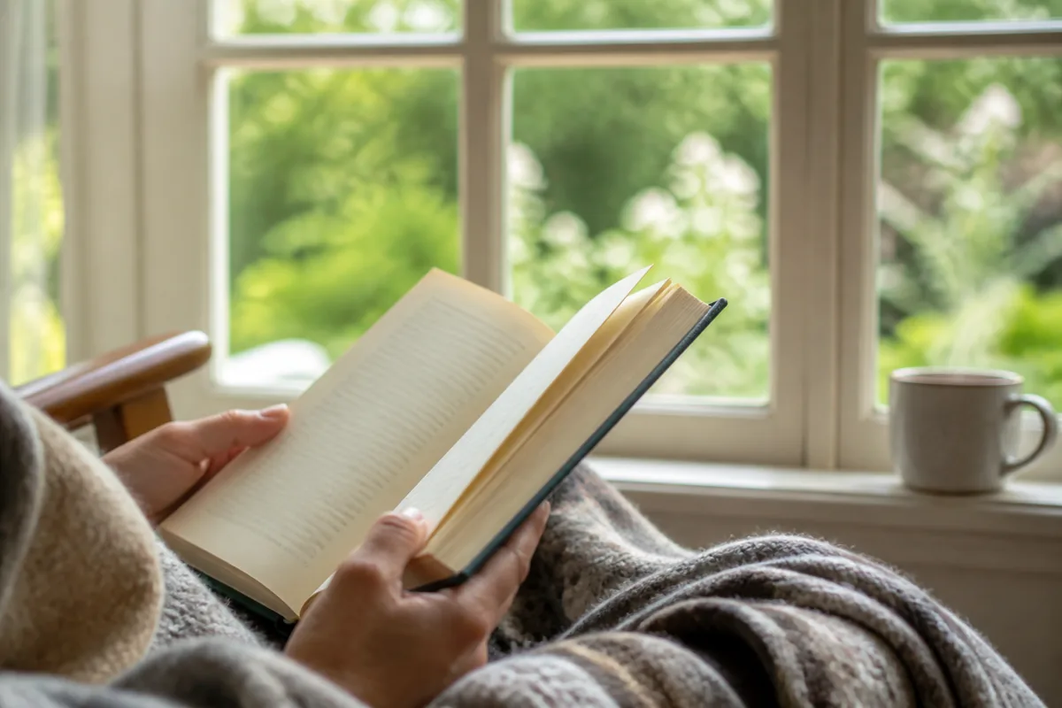 Mains ouvrant un livre relié devant une fenêtre donnant sur un jardin