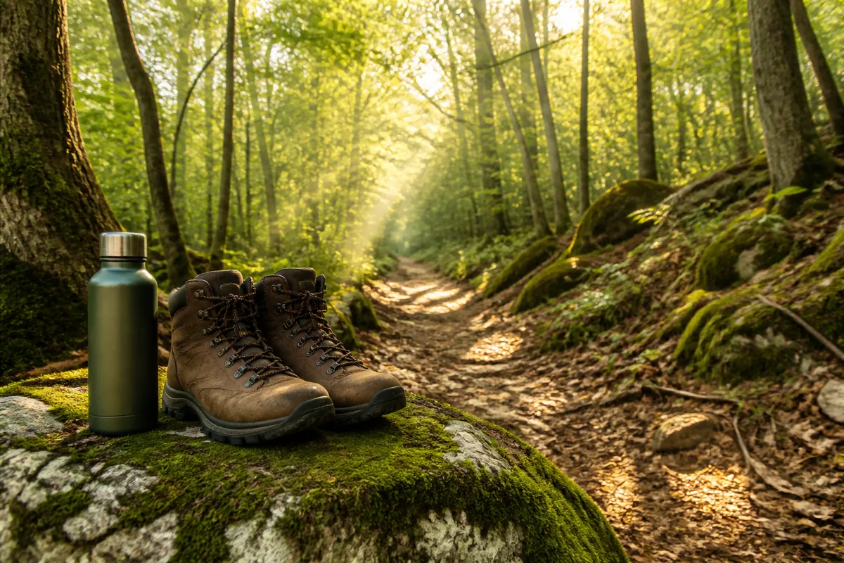 Sentier forestier ombragé avec chaussures de marche posées sur une pierre plate