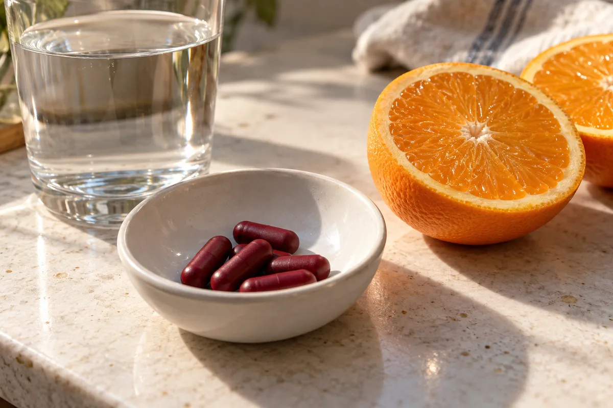 Coupelle en céramique blanche de gélules rouge sombre près d&rsquo;un verre d&rsquo;eau et d&rsquo;une orange coupée