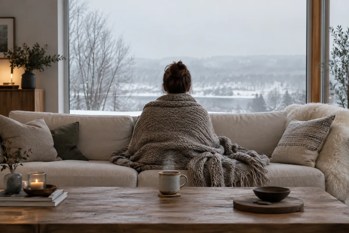 Personne vue de dos sous un plaid devant une tasse fumante posée sur la table basse