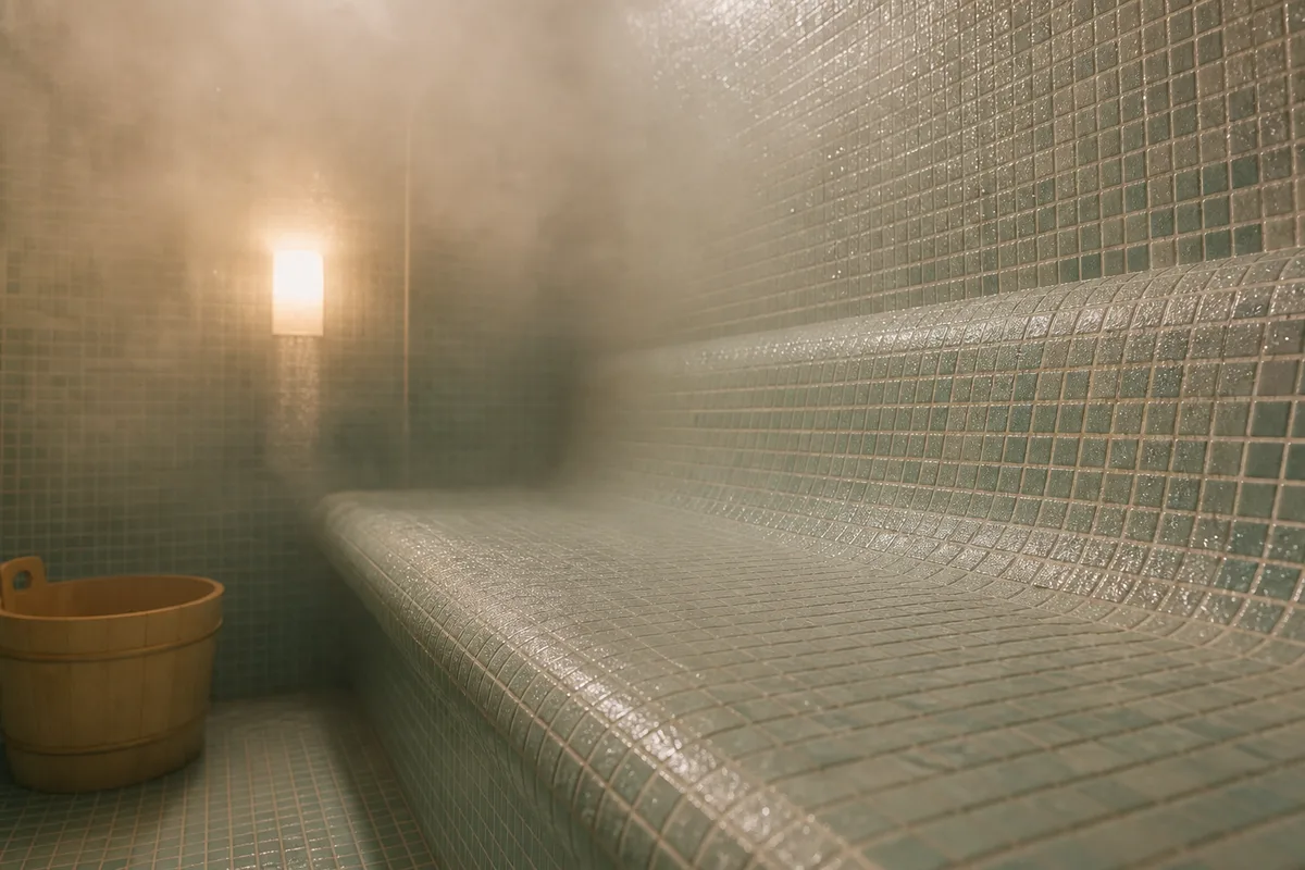 Cabine de vapeur en mosaïque claire avec banc de pierre et brume dense