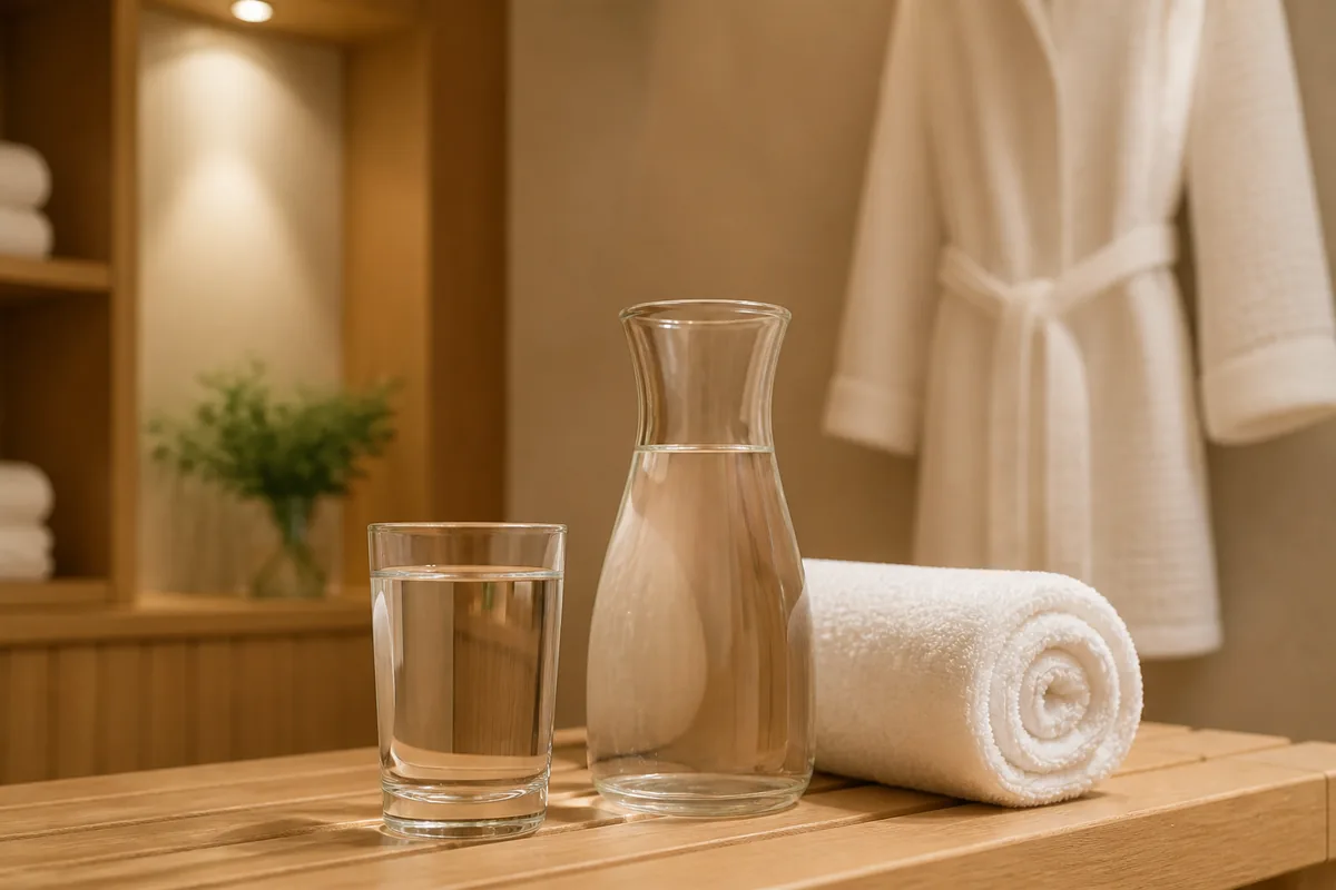 Carafe en verre et gobelet posés sur un banc de bois clair devant la porte vitrée embuée d’une cabine de sauna