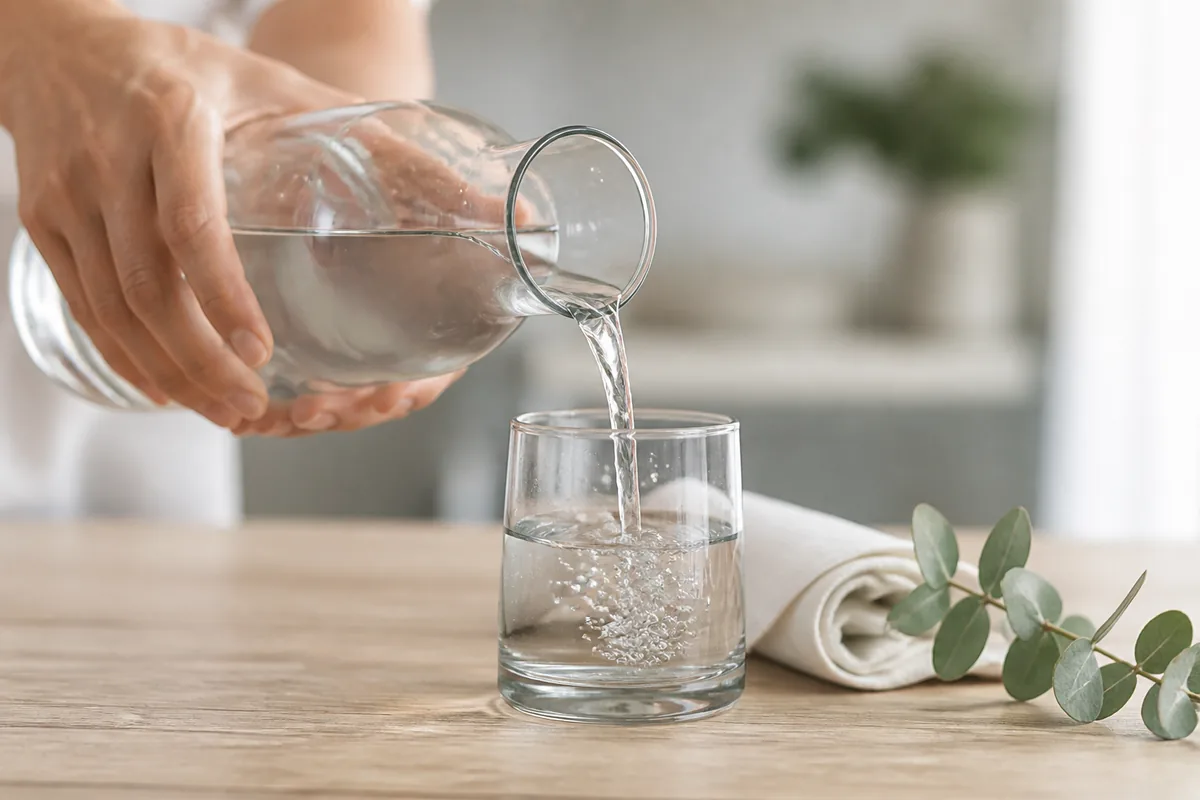 Mains versant de l’eau d’une carafe dans un verre posé près d’une serviette blanche roulée sur un plan de bois