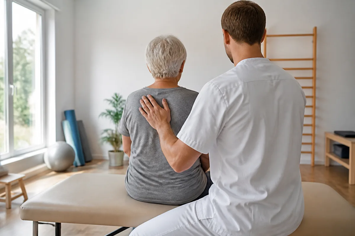 Kinésithérapeute et patient vus de dos pendant une séance d&rsquo;exercices doux