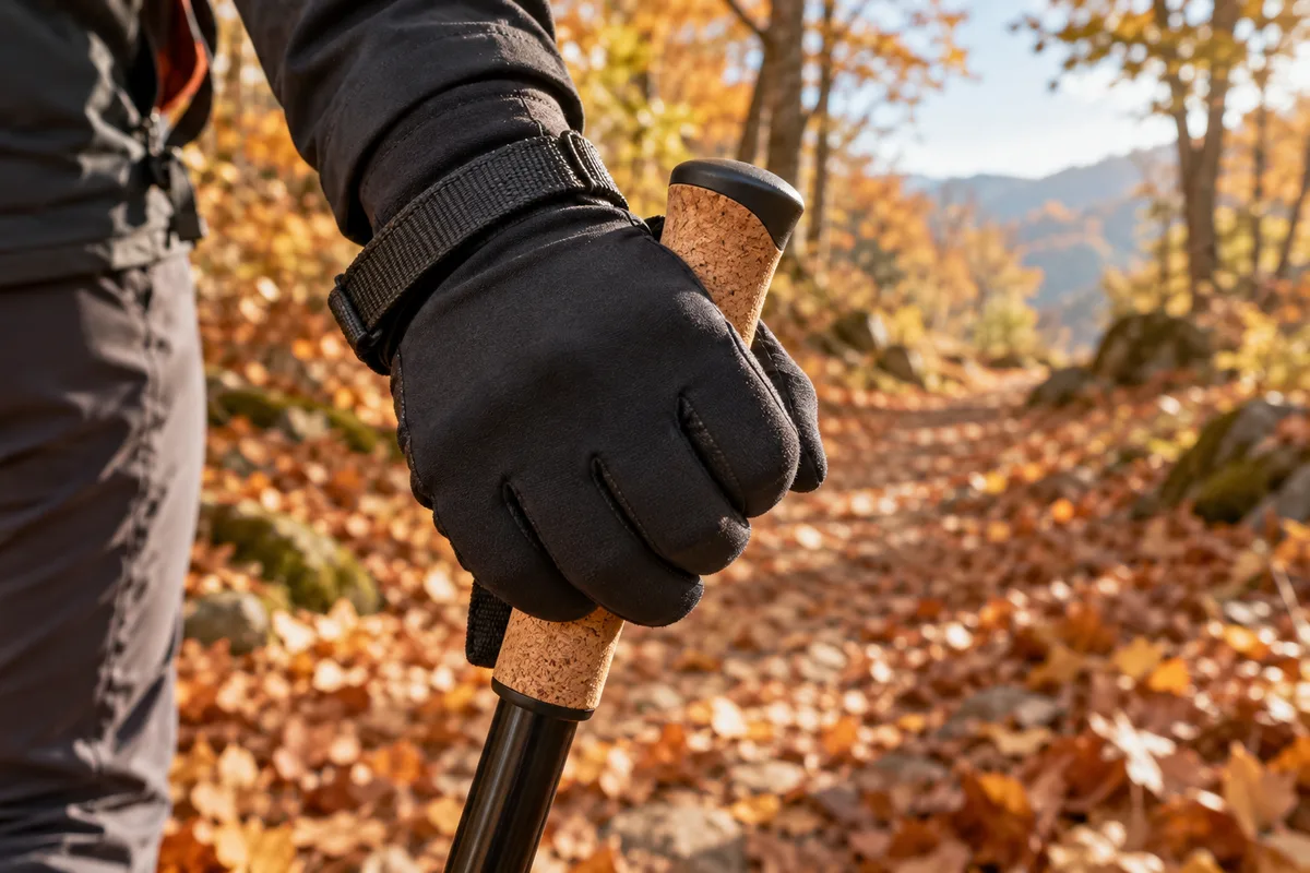 Main gantée qui serre la poignée d’un bâton de marche nordique sur un sentier de feuilles mortes
