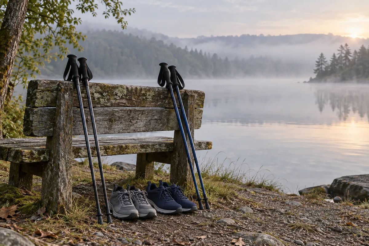 Deux paires de chaussures de marche et des bâtons appuyés contre un banc en bois au bord d’un lac