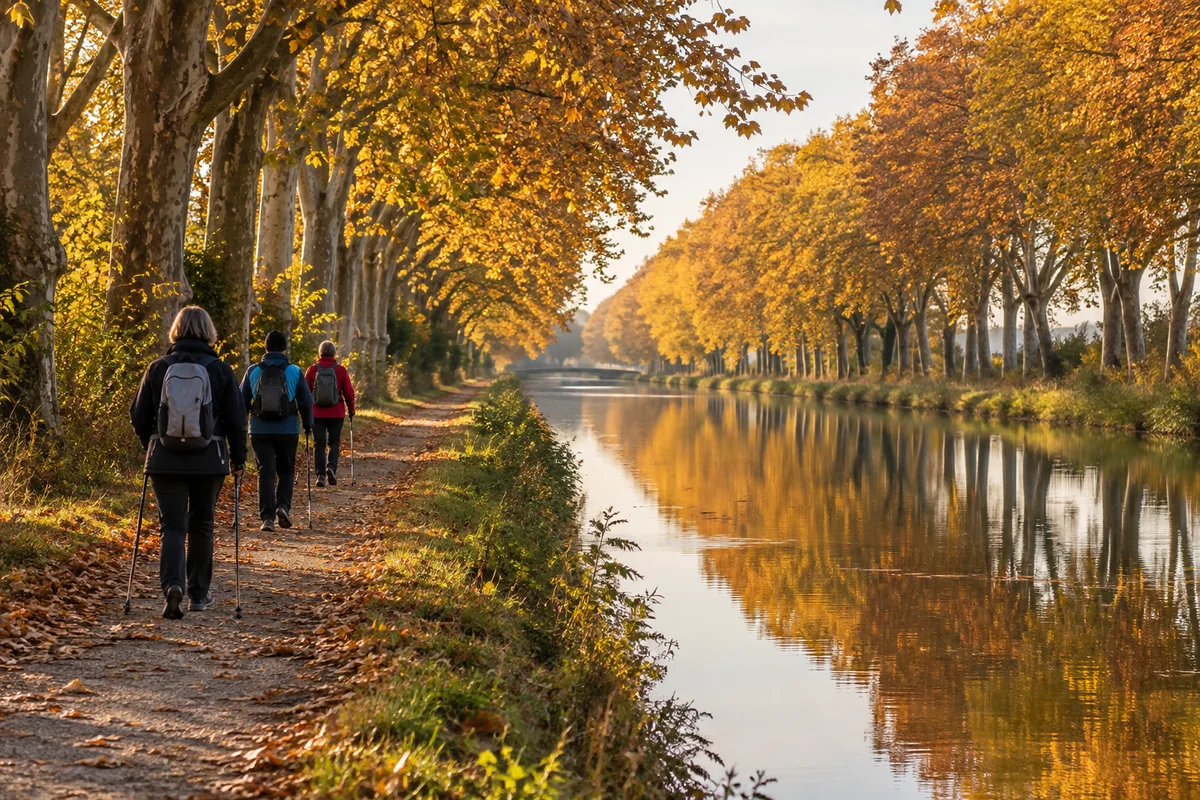 Marcheurs de dos avec leurs bâtons sur une berge de canal bordée d’arbres en automne