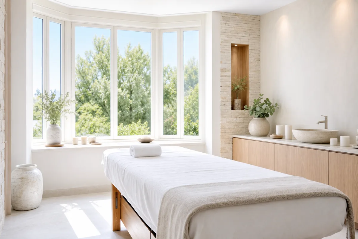 Institut de spa lumineux avec table de massage et bougies, ambiance zen