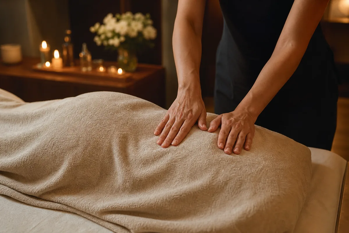 Praticienne réalisant un massage du dos dans une cabine de soin tamisée