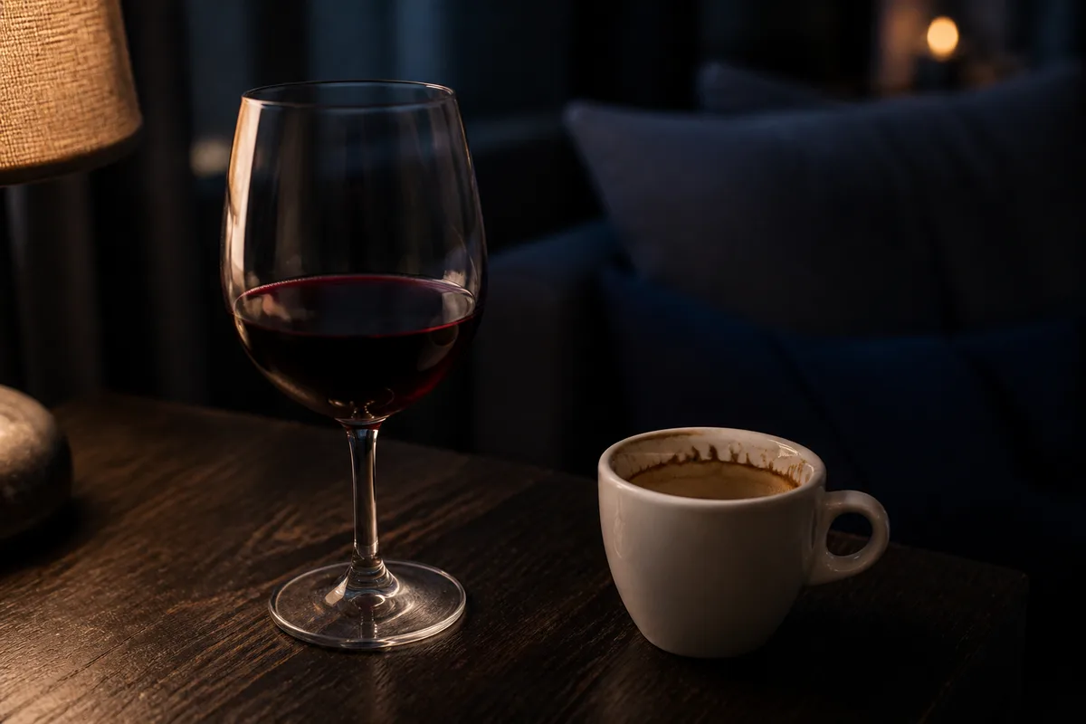 Verre de vin et tasse de café vides en soirée sur une table basse
