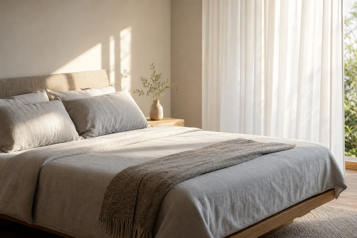 Chambre lumineuse au réveil, soleil filtré par des rideaux légers