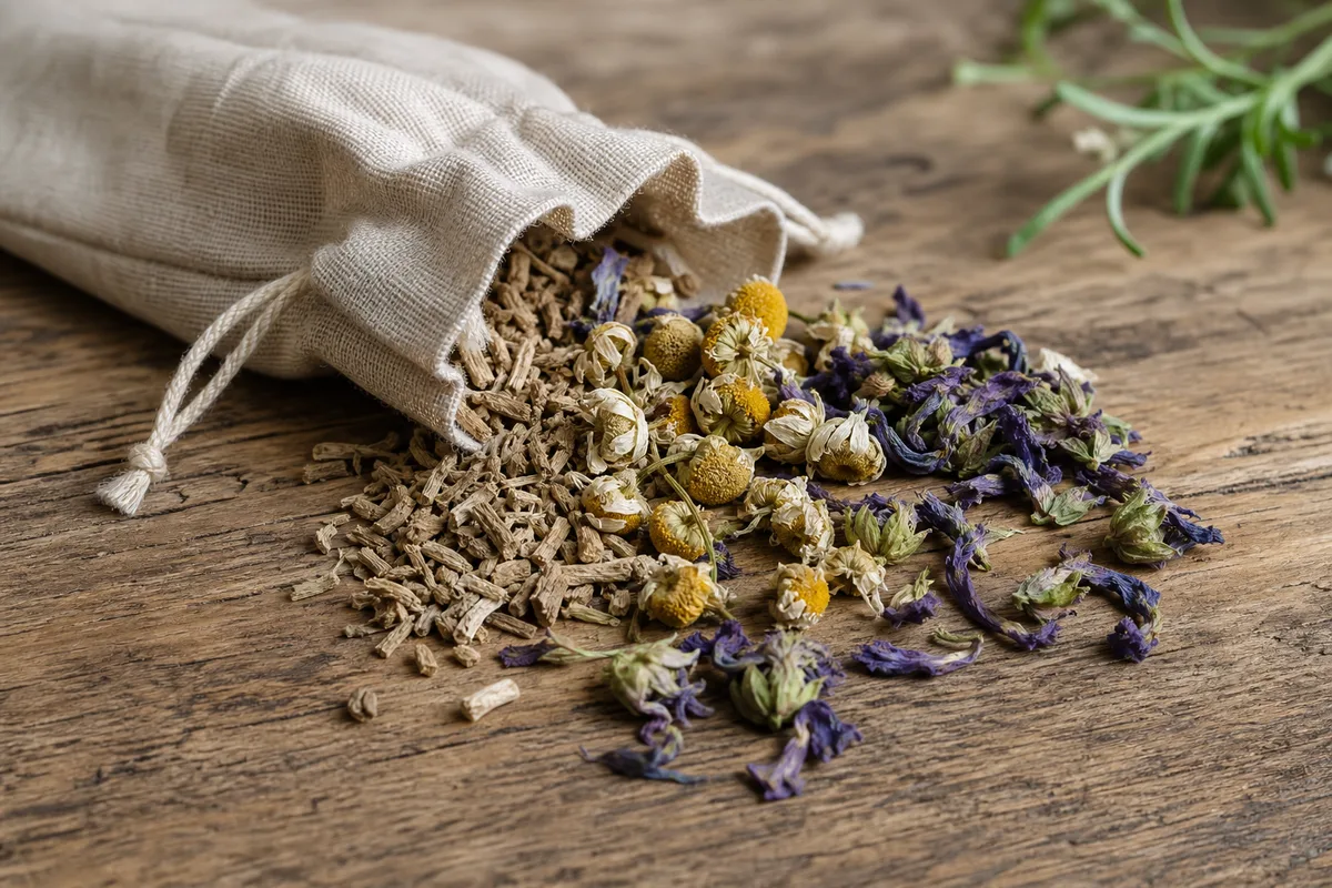 Plantes séchées apaisantes : valériane, camomille et passiflore