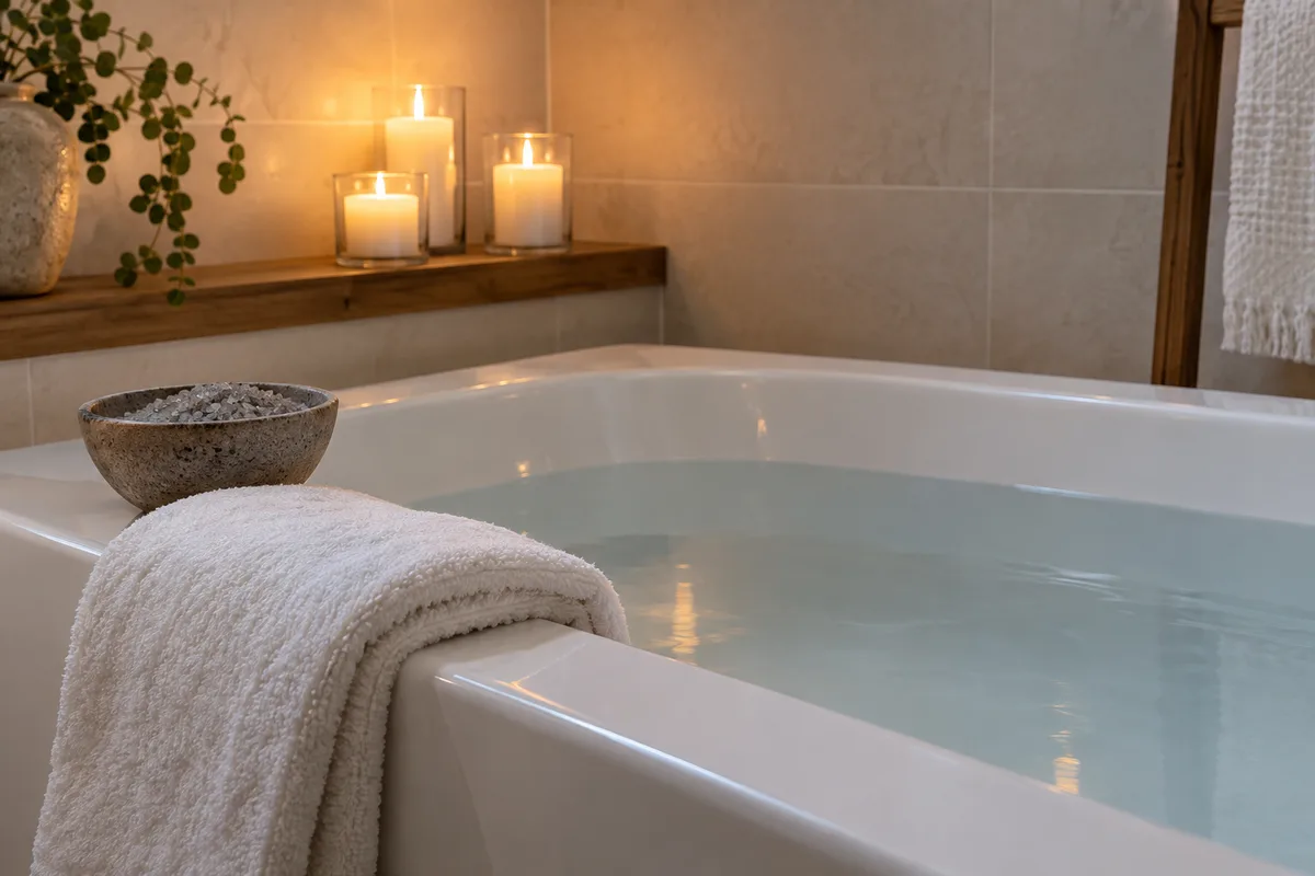 Baignoire remplie d’eau claire, serviette blanche pliée sur le rebord et bol de sel gris à la lueur des bougies