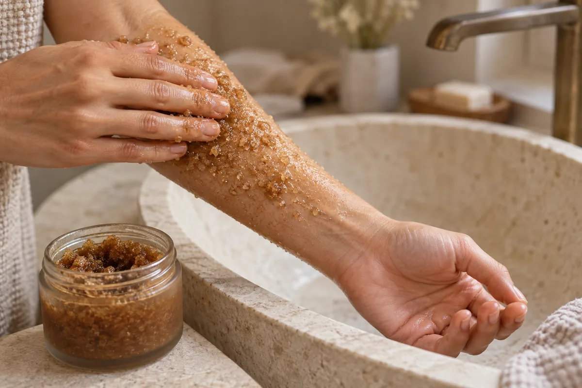 Mains qui étalent un gommage au sucre sur un avant-bras au-dessus d’un lavabo en pierre