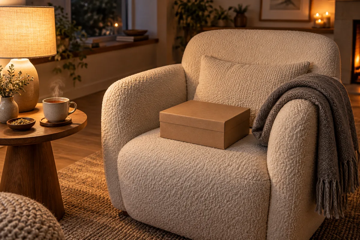 Plaid en laine, tasse de tisane et coffret kraft refermé sur un fauteuil près d’une lampe à la lumière chaude