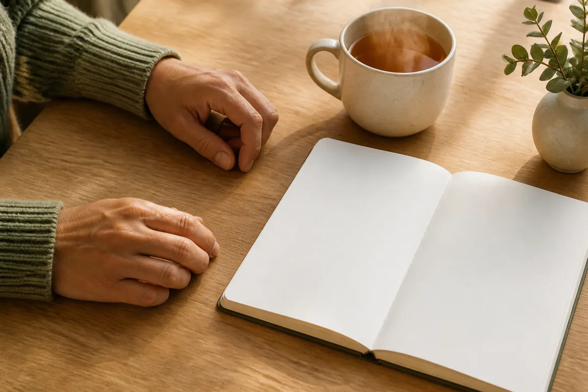 Mains posées sur une table de bois clair à côté d’une tasse de thé et d’un carnet ouvert