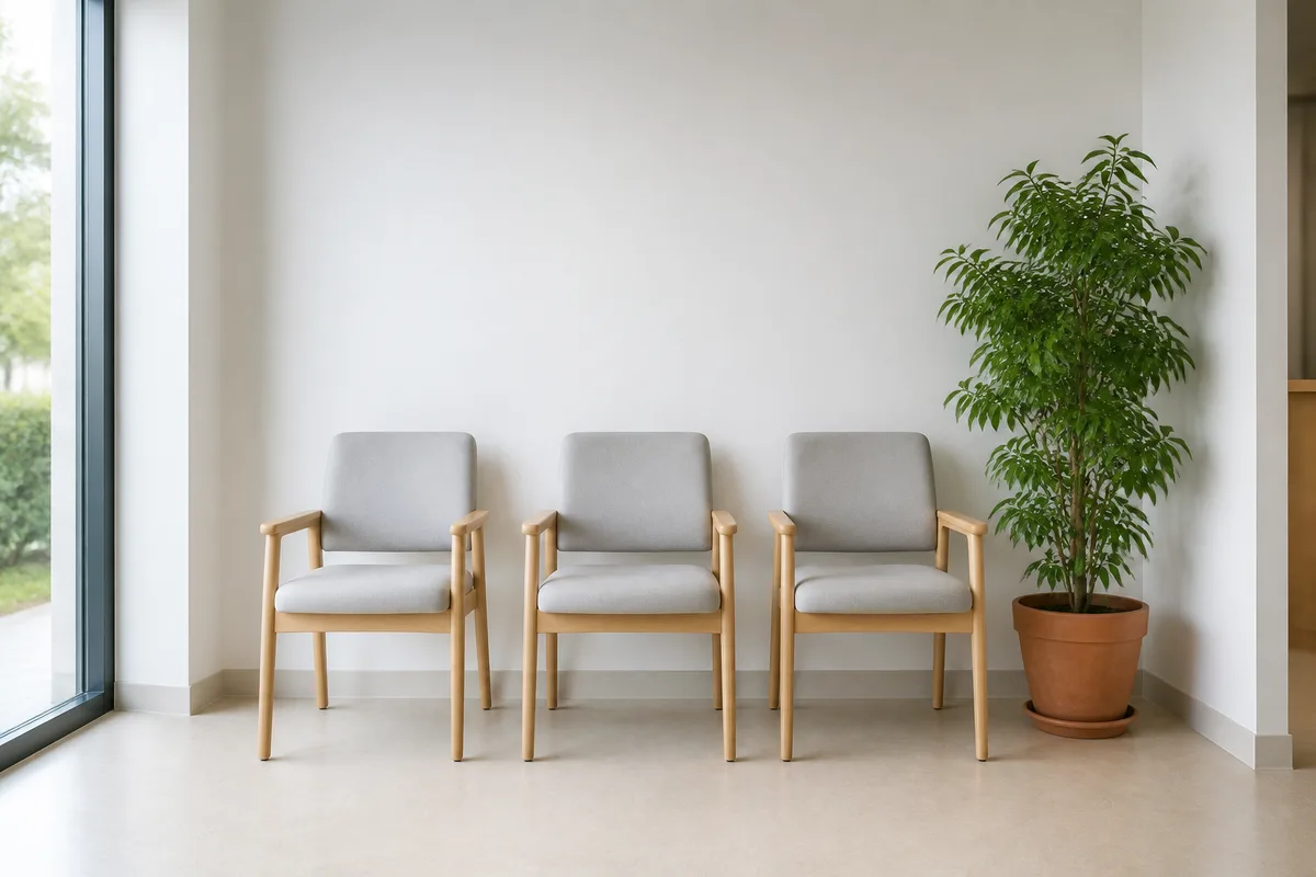 Salle d’attente lumineuse d’un cabinet de santé avec chaises alignées et plante verte