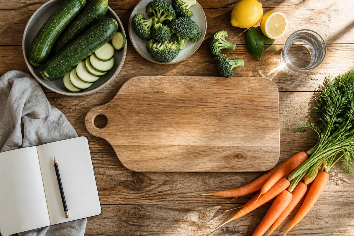 Table de cuisine avec légumes frais, planche à découper et carnet de suivi alimentaire