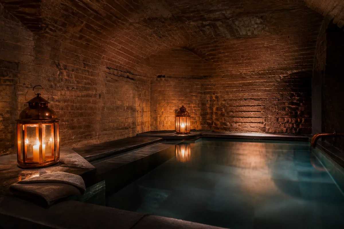 Bassin d’eau chaude en pierre sombre éclairé par des lanternes basses dans une salle voûtée