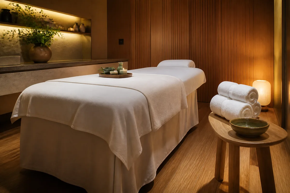 Table de massage habillée de linge blanc devant une paroi de bois clair et une lampe basse