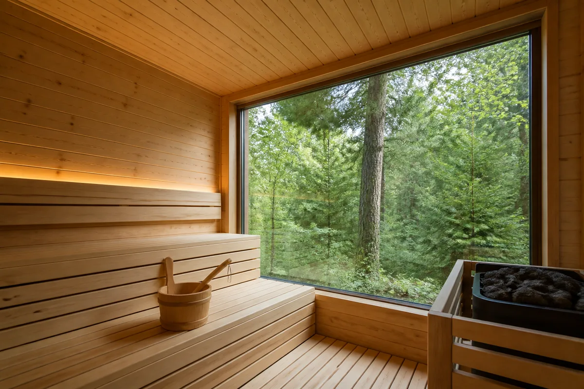 Sauna en bois clair avec seau et louche posés sur un banc devant une baie donnant sur des arbres