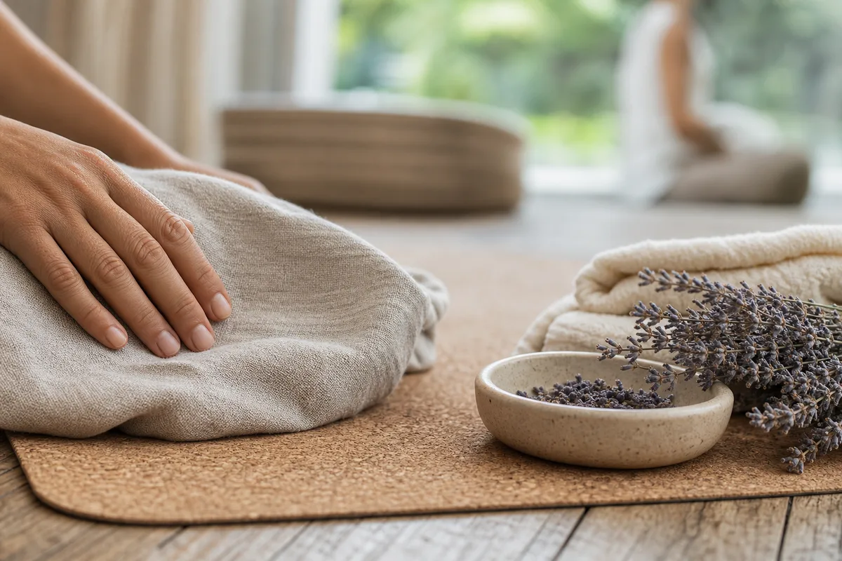 Tapis de yoga épais en coton naturel déroulé au sol avec un coussin de méditation et une sangle