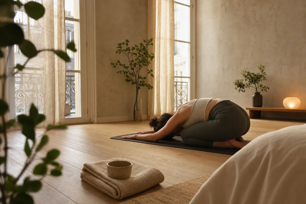 Personne allongée sur le dos pratiquant le yoga nidra dans une ambiance calme et tamisée