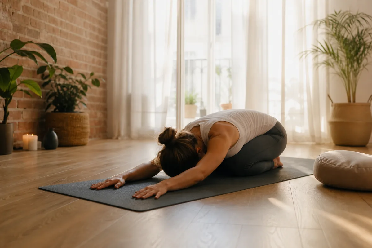 Pratique de respiration lente assise en tailleur près d’une fenêtre, dans la lumière douce du matin