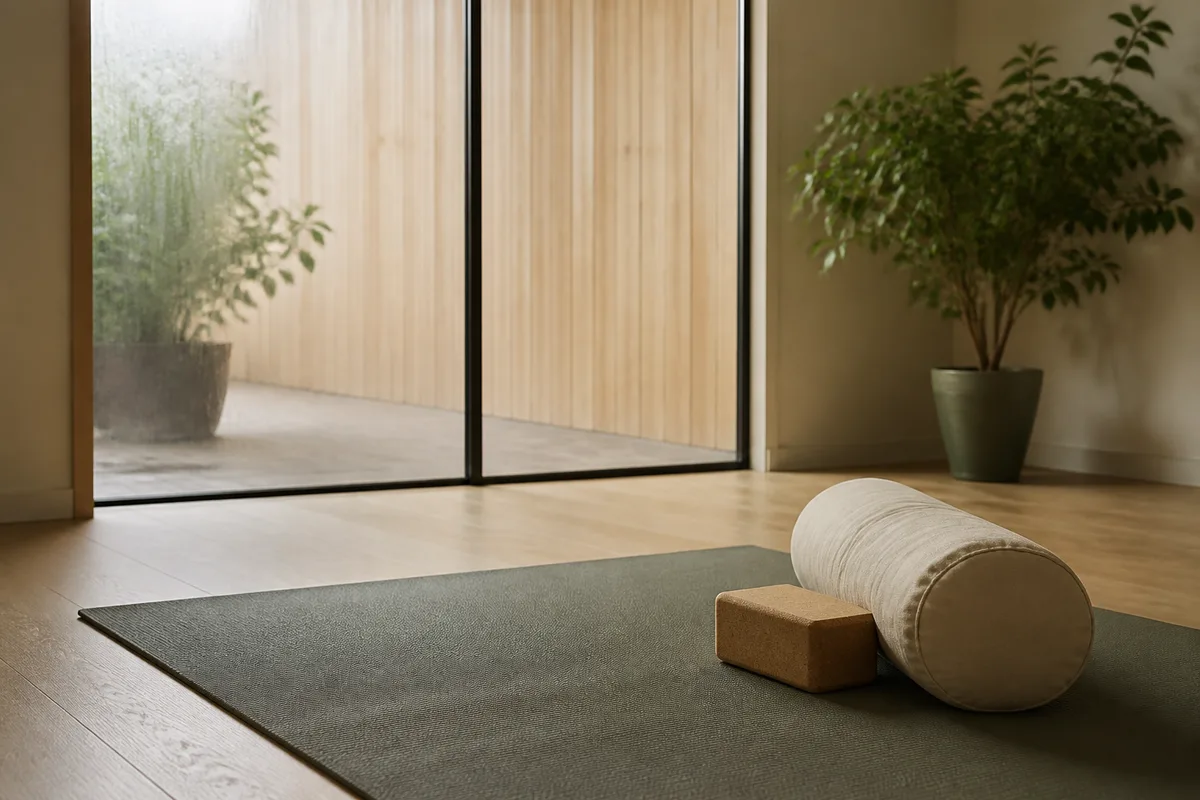 Tapis de yoga déroulé au sol devant une porte vitrée donnant sur un espace de bien-être en bois clair
