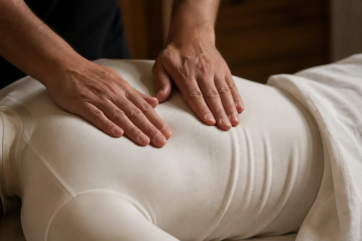 Mains de praticien massant les muscles du dos d’une personne allongée sur une table de soin drapée de lin