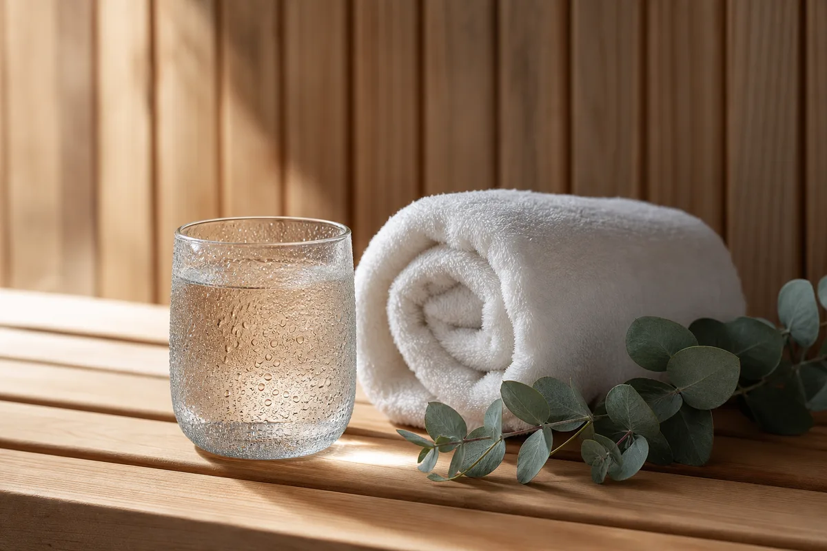 Verre d’eau et serviette roulée posés sur un banc de bois clair dans un espace de repos tamisé